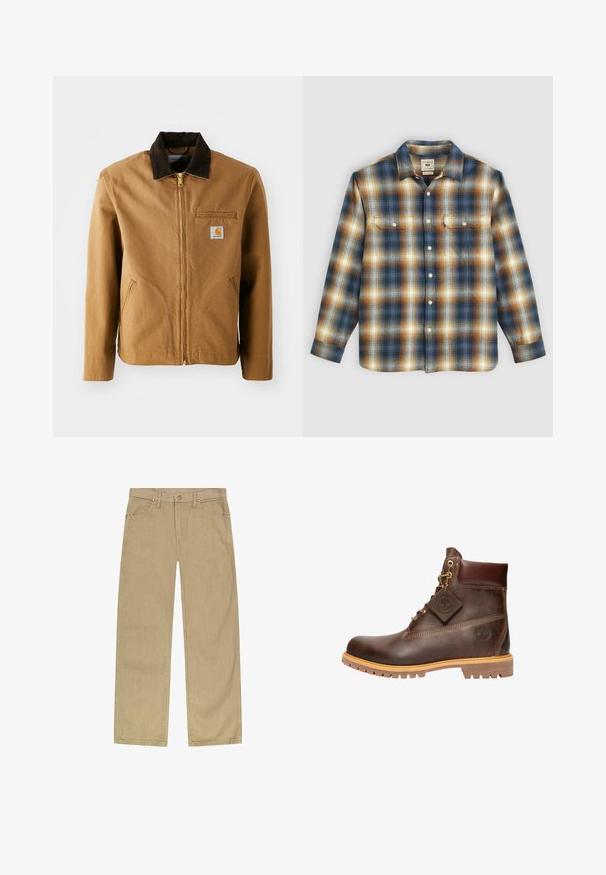 Veste en toile marron avec un col en velours côtelé marron foncé, fermeture éclair, poche poitrine et poches latérales. Présente un patch logo sur la gauche.; Chemise en flanelle à carreaux présentant des couleurs bleu, marron et crème, avec deux poches poitrine, des boutons sur le devant et un col classique.; Pantalons en twill de coton beige avec une coupe droite, cinq poches, fermeture éclair à l'avant et rivets couleur cuivre pour une durabilité accrue.; Bottine en cuir marron avec un bout rond, une semelle robuste, des éléments en doré et un dessus texturé. Comprend une étiquette de logo attachée.