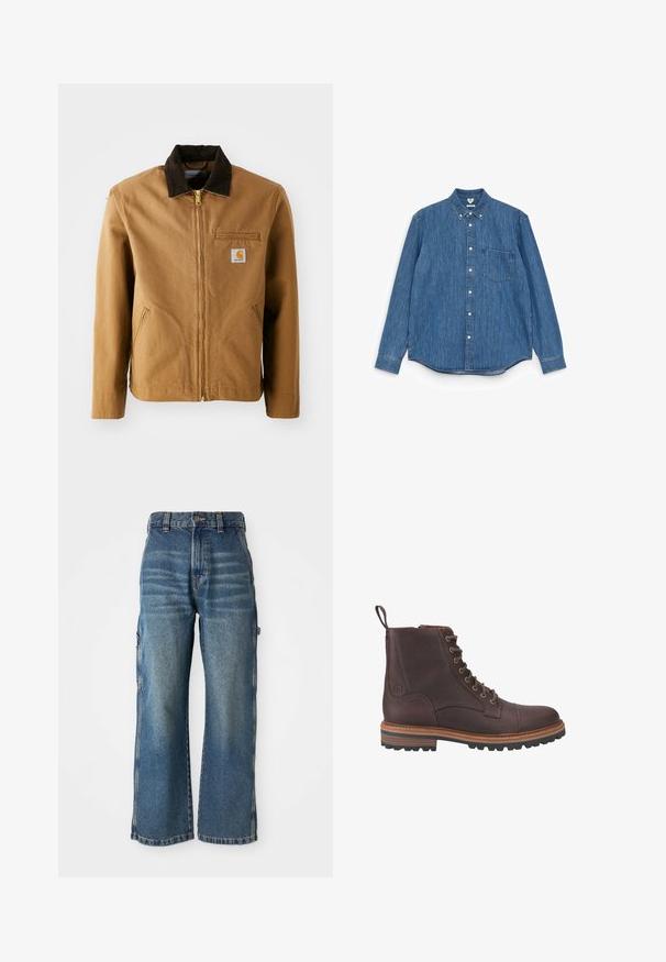 Braune Canvas-Jacke mit einem dunkelbraunen Cordkragen, Reißverschluss, Brusttasche und Seitentaschen. Verfügt über einen Logo-Patch auf der linken Seite.; Blaues Denim-Hemd mit langen Ärmeln, spitzem Kragen, weißen Knöpfen, einer einzelnen Brusttasche und geradem Saum. Gleichmäßige Textur und mittleres Gewicht.; Weite Jeans aus Denim in Hellblau mit einem verwaschenen Finish, hoher Taille, Gürtelschlaufen und seitlichen Taschen. Sichtbare Nähdetails.; Braune Leder-Stiefeletten mit Schnürung, strukturierter Oberfläche, kontrastierenden beigen Sohlen und Metallösen. Verfügen über eine Lasche zum einfachen An- und Ausziehen.