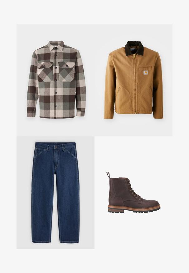 Veste en toile marron avec un col en velours côtelé marron foncé, fermeture éclair, poche poitrine et poches latérales. Présente un patch logo sur la gauche.; Chemise à carreaux dans des tons marron, vert et beige. Dotée d'un col, de deux poches poitrine et d'une fermeture à boutons sur le devant. Tissu texturé.; Jean denim bleu foncé à coupe droite, fermeture avant par bouton et zip, poches avant en biais et coutures blanches apparentes.; Bottes chevilles en cuir marron à lacets avec une finition texturée, semelles beiges contrastantes et œillets métalliques. Comprend une languette pour un enfilage facile.