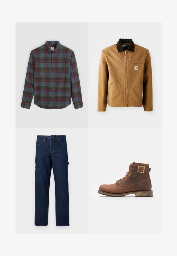 Veste en toile marron avec un col en velours côtelé marron foncé, fermeture éclair, poche poitrine et poches latérales. Présente un patch logo sur la gauche.; Chemise à manches longues pour hommes avec un motif tartan rouge, bleu et vert, col écarté et une poche poitrine.; Pantalon cargo en denim bleu foncé avec jambes droites, poches latérales et coutures contrastées. Comprend une fermeture à bouton et des passants pour ceinture.; Harley Davidson VNTGMOTO SHORT RIDING APPROVED - Bottines de cowboy / motard - brown