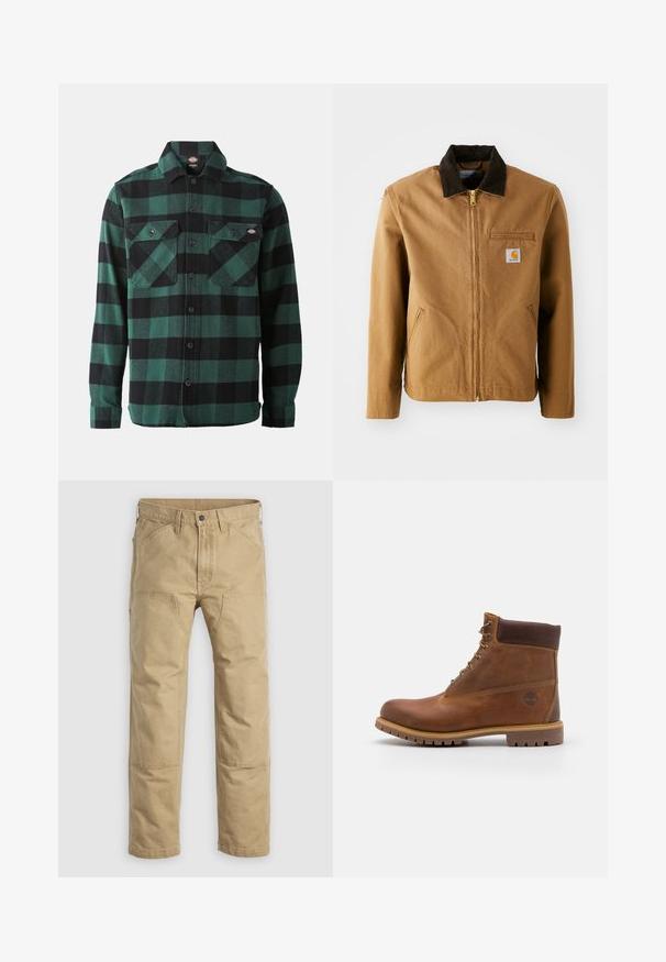 Brun lærredjakke med en mørkebrun fløjlskrave, lynlås lukning, brystlomme og sidelommer. Har et logo patch på venstre side.; Grøn- og sortternet flannel skjorte med lange ærmer, knaplukning foran, to brystlommer og en klassisk krave. Blød tekstur, alsidigt design.; Khaki arbejdsbukser lavet af robust bomuld, med lige ben, forstærkede knæpaneler og flere lommer foran.; Brun læder vandrestøvle med en glat finish, polstret ankel, metalliske snørehuller og en gummisål med et robust dækmønster.