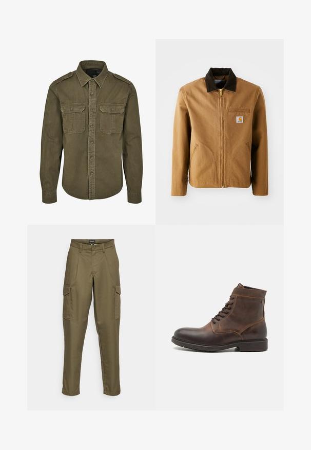 Bruine canvas jas met een donkerbruine corduroy kraag, ritssluiting, borstzak en zijzakken. Bevat een logo patch aan de linkerkant.; Olijf groene button-up shirt van katoen. Heeft een kraag, twee borstzakken met kleppen en gestructureerde schouders met zichtbare stiksels.; Olijfgroene cargobroek met een rechte pasvorm, voorzakken en zijzakken. Gemaakt van een stevige stof met een gladde textuur.; Jack & Jones JFWDELANEY BOOT - Veterboots - cognac