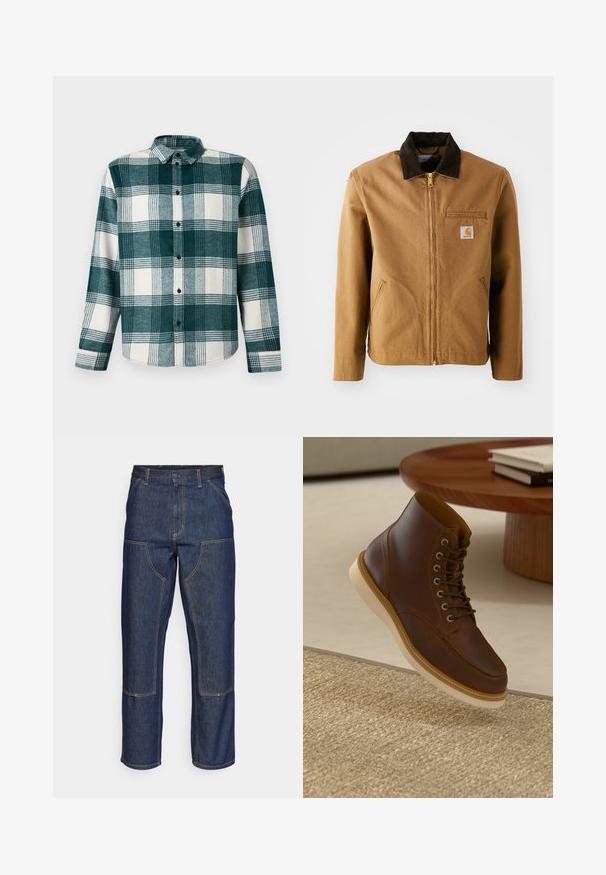 Veste en toile marron avec un col en velours côtelé marron foncé, fermeture éclair, poche poitrine et poches latérales. Présente un patch logo sur la gauche.; Chemise à manches longues à carreaux verts et blancs avec col et poignets, présentée sur un fond uni.; Jeans en denim bleu foncé avec une taille haute, une coupe droite, des coutures contrastantes et des poches appliquées à l'avant.; Bottine en cuir marron avec semelle beige sur un tapis beige texturé à côté d'une table ronde en bois avec des livres empilés.