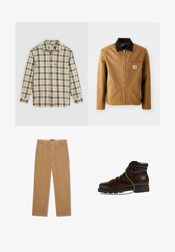 Bruine canvas jas met een donkerbruine corduroy kraag, ritssluiting, borstzak en zijzakken. Bevat een logo patch aan de linkerkant.; Langarm geruite blouse in beige, zwart en bruin stof, met knoopsluiting, twee borstzakken en een klassiek kraagontwerp.; Lichtbruine broek met rechte pijpen, vooraan met knoop en rits, met voorzakken en muntzakje, en zichtbare witte stiksels.; Bruine leren wandelschoen met een ronde neus, gestructureerd oppervlak, gele veters en metalen oogjes. Heeft een robuuste zwarte rubberen zool.