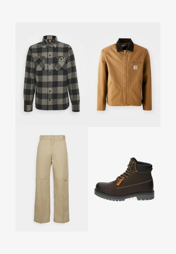 Bruine canvas jas met een donkerbruine corduroy kraag, ritssluiting, borstzak en zijzakken. Bevat een logo patch aan de linkerkant.; Zwart en grijs geblokt flanellen shirt met lange mouwen, knoopsluiting aan de voorkant, twee borstzakken en een licht gebogen zoom. Gegarneerde stof.; Beige wijde broek gemaakt van stevig materiaal, met een hoge taille, zichtbare stiksel en een klein logopatch aan de zijkant.; Bruine leren enkellaars met een grijze rubberen zool, oranje accentlabel en metalen oogjes. Kenmerken zijn contrasterende stiksels en een gevoerd kraagje.