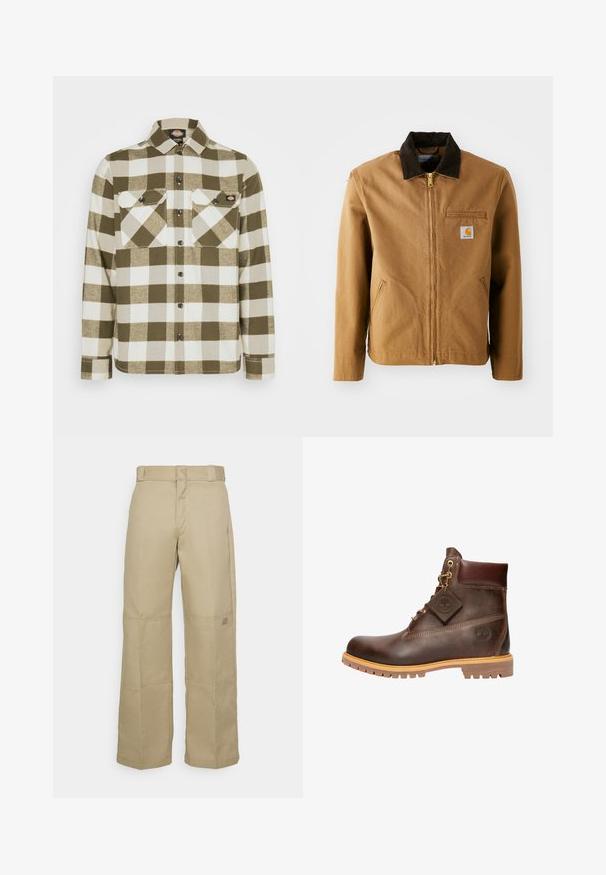 Veste en toile marron avec un col en velours côtelé marron foncé, fermeture éclair, poche poitrine et poches latérales. Présente un patch logo sur la gauche.; Chemise en flanelle à carreaux verts et blancs avec col, boutonnage à l'avant et deux poches sur la poitrine. Elle se distingue par un tissu doux et texturé.; Pantalons larges beiges en tissu résistant, dotés d'une taille haute, de coutures visibles et d'un petit logo sur le côté.; Bottine en cuir marron avec un bout rond, une semelle robuste, des éléments en doré et un dessus texturé. Comprend une étiquette de logo attachée.