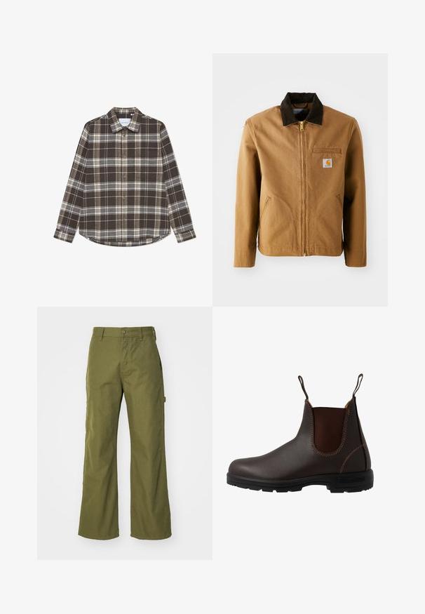 Brun lærredjakke med en mørkebrun fløjlskrave, lynlås lukning, brystlomme og sidelommer. Har et logo patch på venstre side.; Brunternet button-up skjorte lavet af flannel, med hvide og grå linjer, en spidse krave og en afrundet kant.; Oliven grønne bukser med bred ben, lavet af slidstærkt stof, med knaplukning, sidelommer og lige kantdesign.; Brun læder Chelsea-støvle med elastisk sidepanel, brun syning, trækstropper og en holdbar gummisål med et tekstureret mønster.