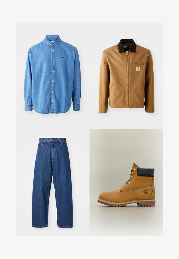 Brun lærredjakke med en mørkebrun fløjlskrave, lynlås lukning, brystlomme og sidelommer. Har et logo patch på venstre side.; Denim button-down skjorte, lyseblå i farven, med krave, lange ærmer og et lille logo på brystet. Har hvide knapper og syninger.; Denimwide-leg jeans i mørkeblå. Har høj talje, bæltestropper og klassisk fem-lommers design. Syet kant med en ren finish.; Brun læderankelstøvle med sort krave, gule snørebånd og tanfarvet sål. Har logo og hvide syninger som detalje. Robust ydersål med greb.