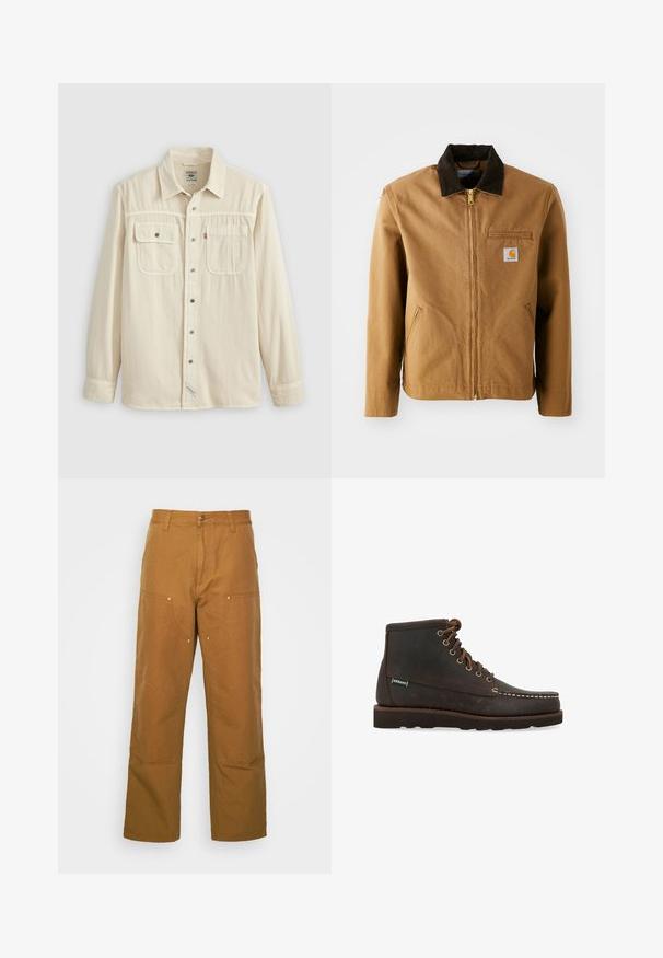 Veste en toile marron avec un col en velours côtelé marron foncé, fermeture éclair, poche poitrine et poches latérales. Présente un patch logo sur la gauche.; Chemise boutonnée en tissu couleur crème, avec deux poches poitrine, un col pointu et des boutons en métal. Texture lisse avec des détails de couture.; Pantalons utilitaires en coton marron avec une coupe droite, dotés de poches avant et d'accents en métal pour une durabilité accrue.; Sebago Bottines à lacets - marrone