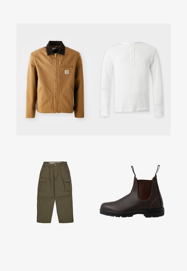 Brun lærredjakke med en mørkebrun fløjlskrave, lynlås lukning, brystlomme og sidelommer. Har et logo patch på venstre side.; Hvid termisk langærmet skjorte med rund hals og tre-knaps lukning, vist fladt på en lys baggrund.; Olivengrønne cargobukser med knap- og lynlåslukning, bæltestropper og to store klaplommer på lårene.; Brun læder Chelsea-støvle med elastisk sidepanel, brun syning, trækstropper og en holdbar gummisål med et tekstureret mønster.