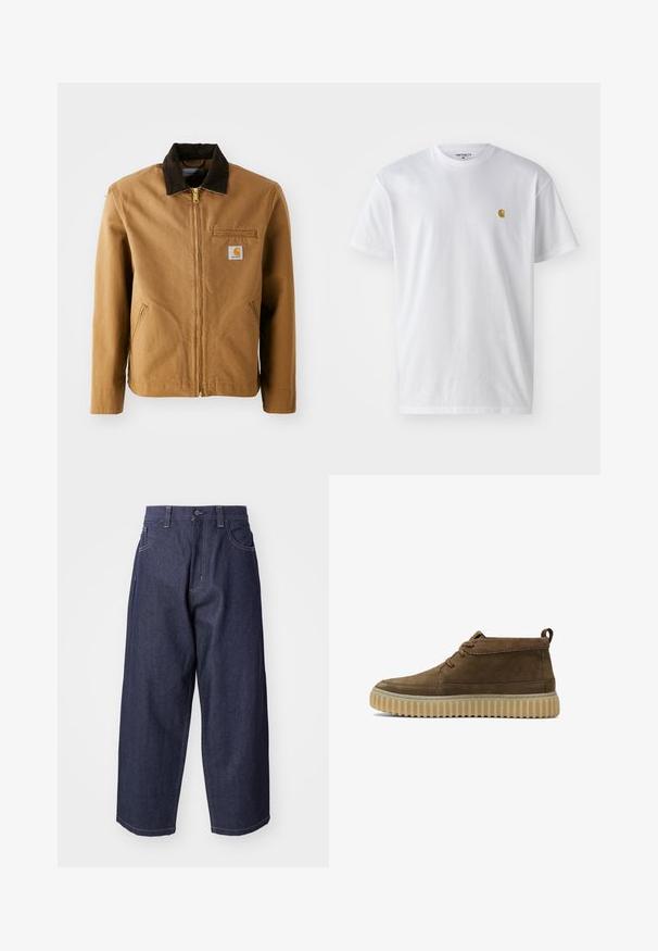 Brun lærredjakke med en mørkebrun fløjlskrave, lynlås lukning, brystlomme og sidelommer. Har et logo patch på venstre side.; Hvid bomulds t-shirt med korte ærmer, rund hals og et lille guld logo på venstre brystområde. Blød tekstur og almindelig pasform.; Mørkeblå denim jeans med en løs, bred ben-design. Funktioner inkluderer en knaplukning, frontlommer og synlige stikninger.; Brune ruskind ankelstøvler med en rund tå, minimal syning og en tekstureret, kraftig gummisål. Har snørebåndsdesign og hælflig.