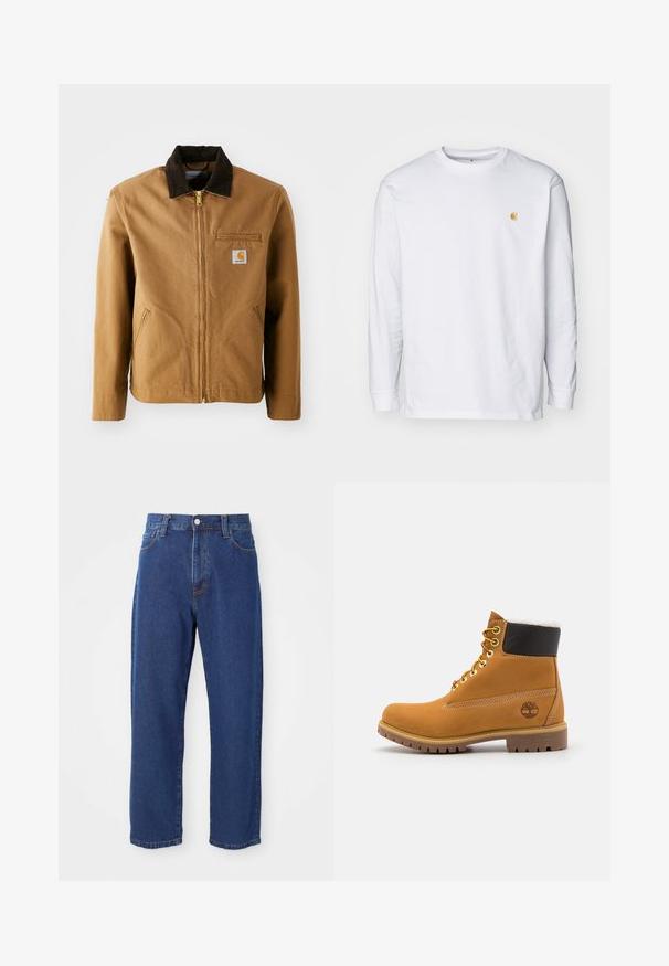 Braune Canvas-Jacke mit einem dunkelbraunen Cordkragen, Reißverschluss, Brusttasche und Seitentaschen. Verfügt über einen Logo-Patch auf der linken Seite.; Weißes Langarm-T-Shirt aus Baumwolle. Mit kleinem goldenem Logo auf der Brust und Rundhalsausschnitt. Einfaches Design und normale Passform.; Hoch taillierte blaue Jeans aus Denim, mit geradem Bein, sichtbaren Nähten und einem Frontknopfverschluss.; Braune Leder-Ankle-Boots mit Metallösen, weißem Kunstfellfutter, schwarzem gepolstertem Kragen, robustem Sohlenprofil und geprägtem Logo an der Seite.