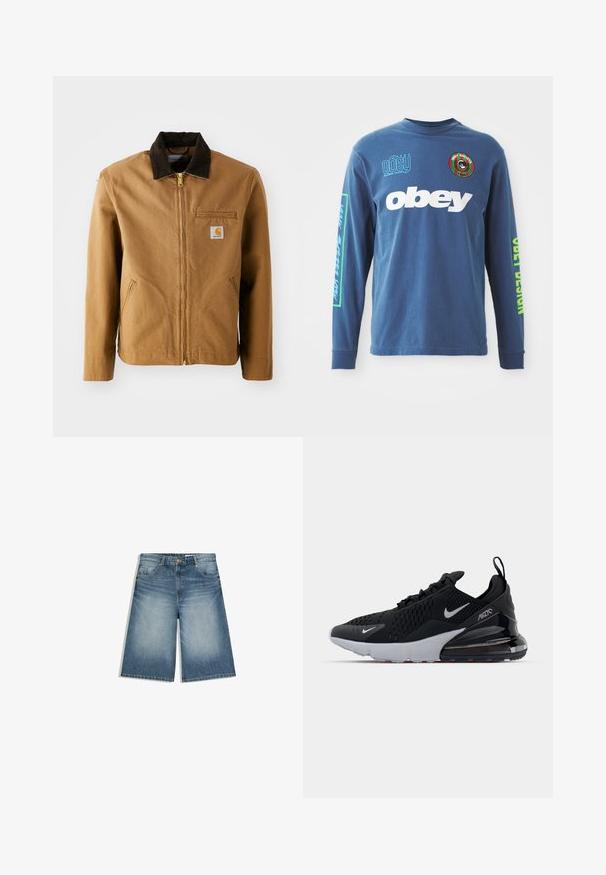 Veste en toile marron avec un col en velours côtelé marron foncé, fermeture éclair, poche poitrine et poches latérales. Présente un patch logo sur la gauche.; T-shirt à manches longues bleu en coton. L'avant présente un grand texte "obey" en blanc, un emblème graphique sur la poitrine gauche et un texte coloré sur les manches.; Shorts en jean bleu moyen jusqu'au genou avec poches avant, passants pour ceinture et fermeture par bouton, présentant un léger effet délavé sur les cuisses.; Chaussure de sport noire avec tige en mesh, semelle intermédiaire blanche et amorti visible dans le talon. Design élégant avec de subtils accents argentés.