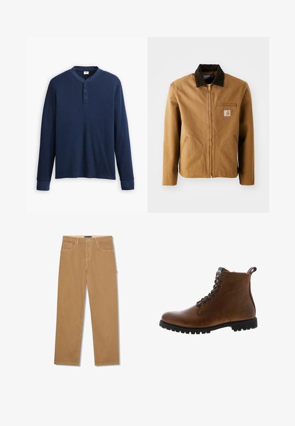 Brun lærredjakke med en mørkebrun fløjlskrave, lynlås lukning, brystlomme og sidelommer. Har et logo patch på venstre side.; Langærmet marineblå henley-skjorte lavet af ribbet stof. Har en rund halsudskæring og tre knaplukning. Ærmerne er tætsiddende.; Lysebrune bukser med lige ben, forrest knap og lynlås, forlommer og møntlomme samt synlige hvide sting.; Brune læder ankelstøvler med tekstureret overflade, metaløjer og sort gummisål. Har en træktab bagpå for nem påtagning.