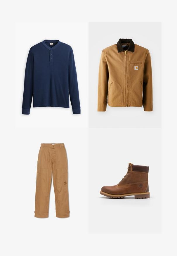Braune Canvas-Jacke mit einem dunkelbraunen Cordkragen, Reißverschluss, Brusttasche und Seitentaschen. Verfügt über einen Logo-Patch auf der linken Seite.; Langärmliges navyblaues Henley-Shirt aus geripptem Stoff. Mit rundem Ausschnitt und einer Knopfleiste mit drei Knöpfen. Die Bündchen sind schmal geschnitten.; Khakifarbene Arbeitshosen aus strapazierfähigem Stoff, mit mehreren Taschen, einem Knopfverschluss und gesticktem Logo auf dem Oberschenkel.; Braune Lederwanderschuhe mit glatter Oberfläche, gepolstertem Knöchel, Metallösen und einer Gummisohle mit robustem Profil.