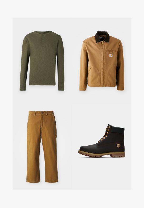 Brun lærredjakke med en mørkebrun fløjlskrave, lynlås lukning, brystlomme og sidelommer. Har et logo patch på venstre side.; Langærmet olivengrøn henley skjorte med rund hals, tre knapper ved kraven og en tekstureret stofoverflade.; Brune bomuldsbukser med lige pasform, forstærkede sømme og sidelommer. Har en knaplukning og bæltestropper i taljen.; Sorte læder ankelstøvle med gyldne øjer, brune detaljer og gummisål. Har en polstret krave og præget logo på siden.