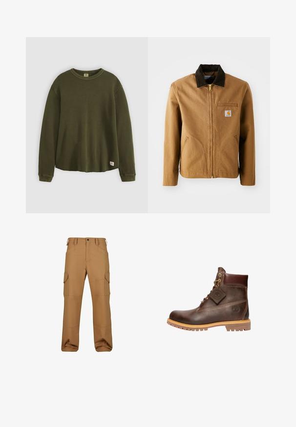 Brun lærredjakke med en mørkebrun fløjlskrave, lynlås lukning, brystlomme og sidelommer. Har et logo patch på venstre side.; Oliven grøn langærmet sweater i et tekstureret, ribbet materiale med rund hals, afslappet pasform og et lille mærke nederst på kanten.; Brune cargo bukser lavet af slidstærkt stof, med flere lommer, en afslappet pasform og forstærkede syninger.; Brun læder ankelstøvle med rund tå, solid sål, hardware i guldtone og en tekstureret overdel. Inkluderer et logo-tagfæstet.