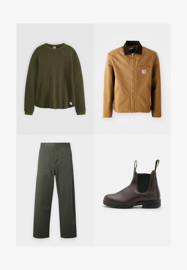 Brun lærredjakke med en mørkebrun fløjlskrave, lynlås lukning, brystlomme og sidelommer. Har et logo patch på venstre side.; Oliven grøn langærmet sweater i et tekstureret, ribbet materiale med rund hals, afslappet pasform og et lille mærke nederst på kanten.; Grønne bomuldsbukser med lige ben-design, frontknaplukning og sidelommer. Glat tekstur, enkelt stil, og ingen synlige mønstre.; Brune læder chelsea støvle med elastiske sidelapper, trækstropper øverst og en slidstærk gummisål, med en glat finish.