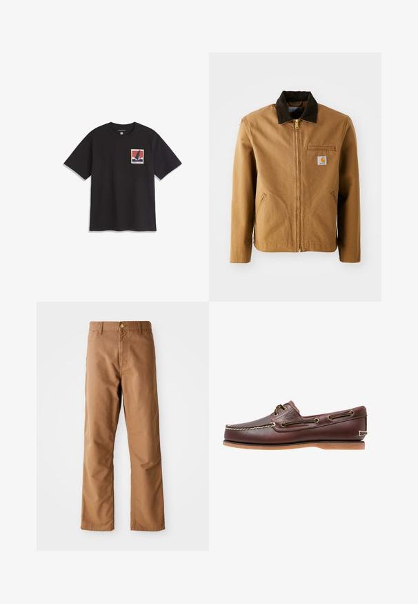 Veste en toile marron avec un col en velours côtelé marron foncé, fermeture éclair, poche poitrine et poches latérales. Présente un patch logo sur la gauche.; T-shirt noir à manches courtes avec col rond et un petit graphique carré d'un voilier sur l'eau contre un ciel rouge sur le côté gauche de la poitrine.; Pantalon marron à jambes droites avec passants de ceinture, poches avant, fermeture à bouton et fermeture éclair sur fond blanc.; Chaussure bateau en cuir marron avec coutures blanches, détails de lacets et semelle en caoutchouc beige, vue de côté sur fond blanc.