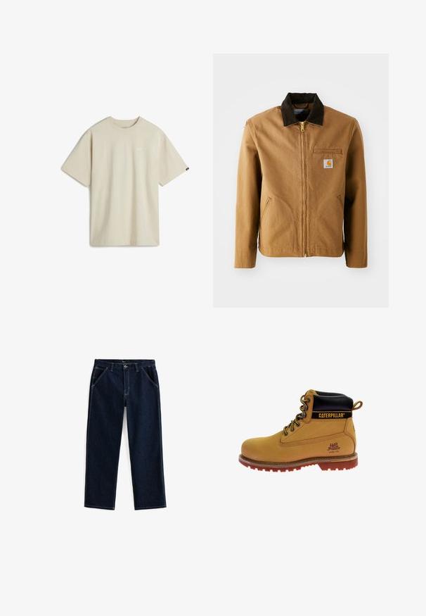 Bruine canvas jas met een donkerbruine corduroy kraag, ritssluiting, borstzak en zijzakken. Bevat een logo patch aan de linkerkant.; Beige katoenen T-shirt met korte mouwen, een ronde hals en een klein wit logo op de borst. Soepele textuur met een ontspannen pasvorm.; Donkerblauwe denim jeans met een rechte pijp, voorzien van vijf zakken en contrasterende witte stiksels langs de naden en zakken.; Tan leren werklaars met zwarte kraag, stalen neuzen, bruine rubberen zool, oranje accenten en logo-detail aan de zijkant.