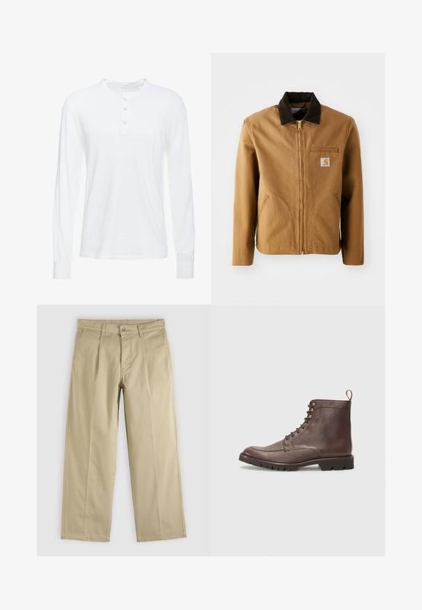 Veste en toile marron avec un col en velours côtelé marron foncé, fermeture éclair, poche poitrine et poches latérales. Présente un patch logo sur la gauche.; Chemise henley à manches longues blanche en tissu léger, avec un col rond, une patte de boutonnage à trois boutons et des poignets ajustés.; Pantalon beige droit avec plis sur le devant, passants pour ceinture, poches latérales et fermeture par bouton à la taille.; Hackett London SLOANE APRON - Bottines à lacets - dark mocca brown