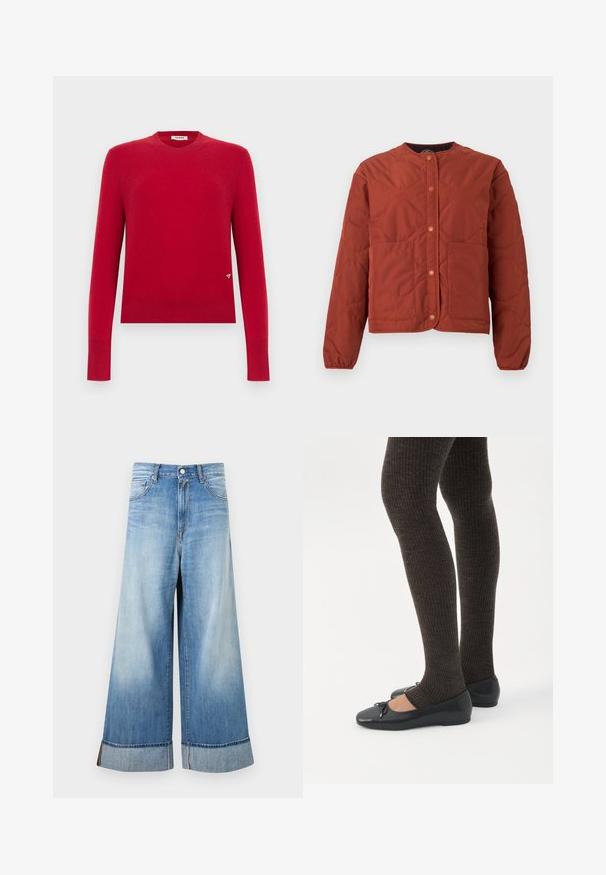 Veste matelassée couleur rouille avec boutons-pression, manches longues, encolure ronde, et deux poches plaquées frontales sur fond blanc.; Pull rouge à manches longues avec col rond, bordures côtelées aux poignets et à l'ourlet, doté d'un petit logo triangulaire près du bas sur le côté droit.; Jean en denim bleu à jambes larges avec ourlets retroussés, bouton devant, fermeture éclair et design à cinq poches.; Jambes portant des leggings côtelés foncés associés à des ballerines noires avec de petits détails en nœud sur fond blanc.