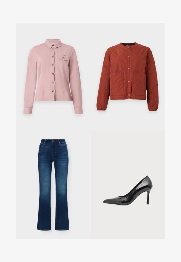 Veste matelassée couleur rouille avec boutons-pression, manches longues, encolure ronde, et deux poches plaquées frontales sur fond blanc.; Chemise rose clair à manches longues avec des boutons marron sur le devant, rabat de poche poitrine boutonné et petit col sur fond blanc.; Jean en denim bleu foncé avec une taille haute, légère décoloration au niveau des cuisses, fermeture frontale par bouton et zip, et jambes évasées.; Chaussure à talon haut pour femme en cuir verni noir avec bout pointu et talon fin sur fond clair uni.