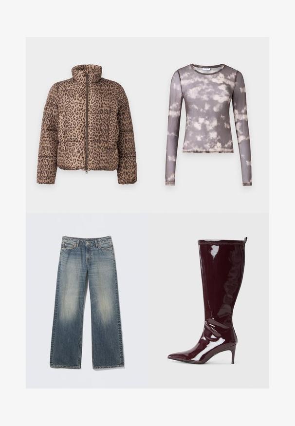 Vero Moda VMPARDA - Zimná bunda - silver mink; Dlhé rukávy priliehajúceho topu z priesvitnej šedej látky s batikovým vzorom v krémovej a tmavšej šedej farbe, ktorý má okrúhly výstrih a jemné švy.; Svetlomodré džínsy s širokými nohavicami vyrobené z denimu. Vyblednuté miesta na stehnách a kolenách. Štandardný pás s piatimi vreckami a kovovými doplnkami.; Tmavohnedé lodičky z lesklej kože nad kolená s ostrou špičkou a úzkym podpätkom. Hladká štruktúra; priliehavý dizajn s pútkom na zadnej strane.