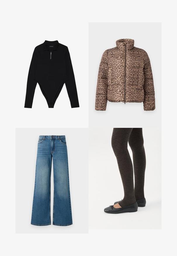 Vero Moda VMPARDA - Zimná bunda - silver mink; Čierny body s dlhým rukávom, ktorý má vysoký golier, polovičný zips a priliehavý strih s vykrojením na zadnej časti. Hladká textúra látky.; Široké modré džínsy s vyblednutým povrchom, dizajnom s piatimi vreckami a štandardným pásom s kovovým gombíkom a zipsom.; Nohy v tmavých pásikavých legínach v kombinácii s čiernymi balerínkami s malými mašličkami na bielom pozadí.