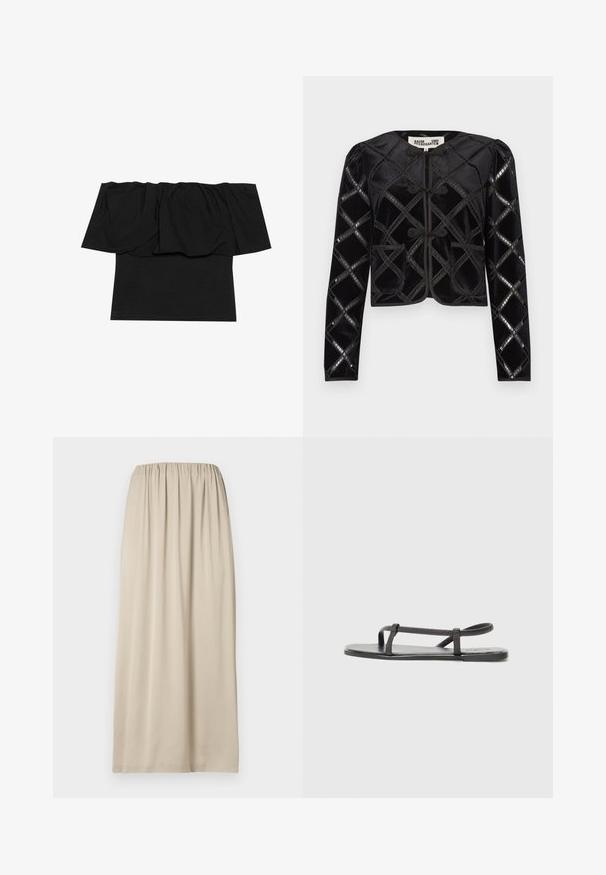 Sort fløjls-cropped jakke med diamantmønster med skinnende detaljer, rund halsudskæring, knaplukning med knapper og to forlommer.; Sort off-shoulder top med foldet stof ved halsudskæringen, en tætsiddende tekstur ved kroppen og korte ærmer. Blødt, glat materiale.; Beige knælængde nederdel lavet af blødt stof med elastik i taljen. Har en glat tekstur og et enkelt, flydende design.; Sorte flade sandaler med tynde, teksturerede stropper og et minimalistisk design. Sålen er glat, og den overordnede form er slank og underspillet.