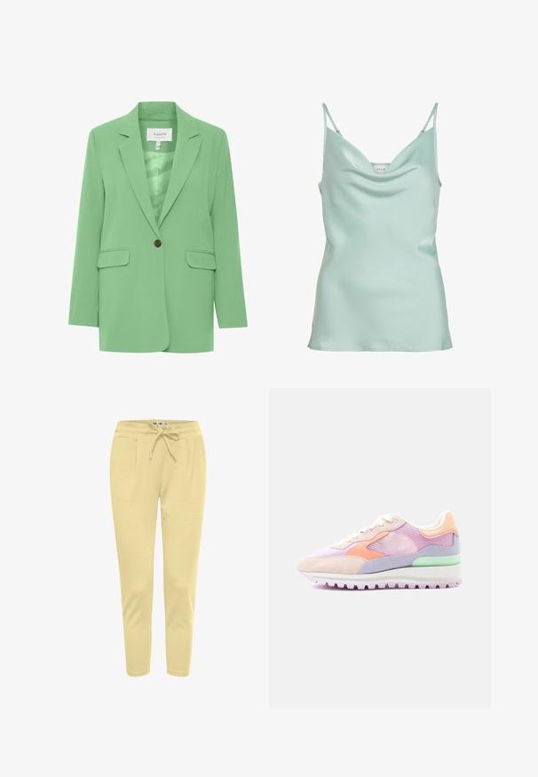 Grøn blazer med et glat, struktureret stof, klippede reverser, enkelt brunt knaplukning og to forlommer.; Lys mintgrøn satin camisole med tynde justerbare stropper og en subtil draperet udskæring, forfra.; Lysegule joggerbukser lavet af blødt stof, med en elastisk talje i livet og snøre, samt sidelommer.; Lav lav sko med pastel lilla mesh, fersken- og grønne accenter, hvide snørebånd og en chunky hvid sål med en rillede lilla ydersål.