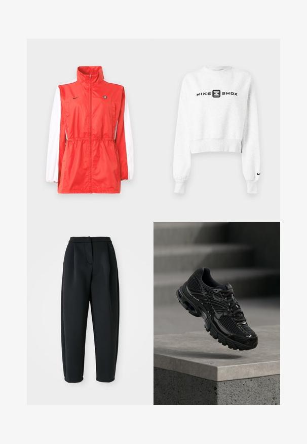 Rød vindtæt jakke med høj krave, hvide ærmeaccents, snøre i taljen og et lille sort logo. Fremstillet af letvægtsstof.; Hvid cropped sweatshirt med lange ærmer, med en sort 'NIKE SHOX' logo foran og en lille sort Nike swoosh på ærmekanten.; Sorte bukser lavet af et glat stof, med en skræddersyet talje, plisseret front og tætsiddende ben med opsmøgede kanter.; Sort Nike løbesko med mesh og syntetisk overdel, der svæver over en betonoverflade og trin i baggrunden.