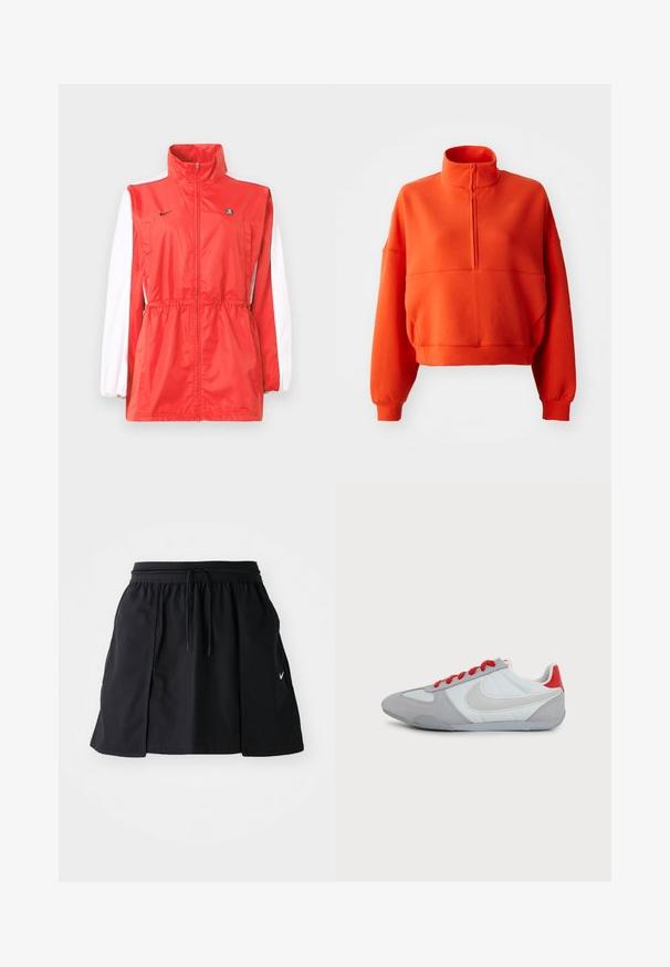 Punane tuulejope kõrge kraega, valgete varruka detailidega, paelaga vöökoht ja väike must logo. Valmistatud kergest kangast.; Erkki heledat oranž cropped sweatshirt, millel on mock neck ja pool tõmblukk, laiad varrukad ja tekstureeritud kangas mugavuse tagamiseks.; Must mustriko varustusega must sportseelik, millel on elastne vöökoht ja reguleeritav nööridega. Omab külgsuundi, kerget kangast ja väikest logo allääres.; Madal profiiliga halli ja valge Nike tennisejalanõu suure valge Swooshi, punase kandatabaka ja punaste paeltega ühtlasel taustal.