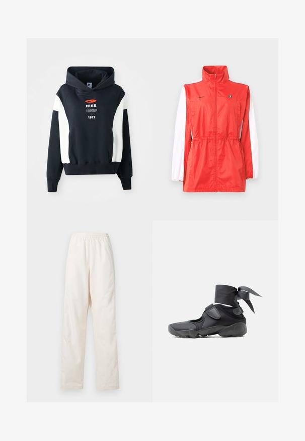Rote Windbreaker-Jacke mit hohem Kragen, weißen Ärmeldetails, Tunnelzug in der Taille und kleinem schwarzem Logo. Hergestellt aus leichtem Gewebe.; Marineblaue Kapuzenjacke mit weißen Akzenten an den Ärmeln, ausgestattet mit einem Frontlogo, Text und dem Jahr "1972" in Weiß. Weicher Stoff, Design mit Kängurutasche.; Locker sitzende, crèmefarbene Hose mit elastischem Bund und geradem Beinschnitt, vor einem einfarbigen weißen Hintergrund präsentiert.; Schwarzer Sportschuh mit Aussparungen, Klettverschlüssen und einer um den Knöchel gebundenen Schleife, von der Seite auf weißem Hintergrund gezeigt.