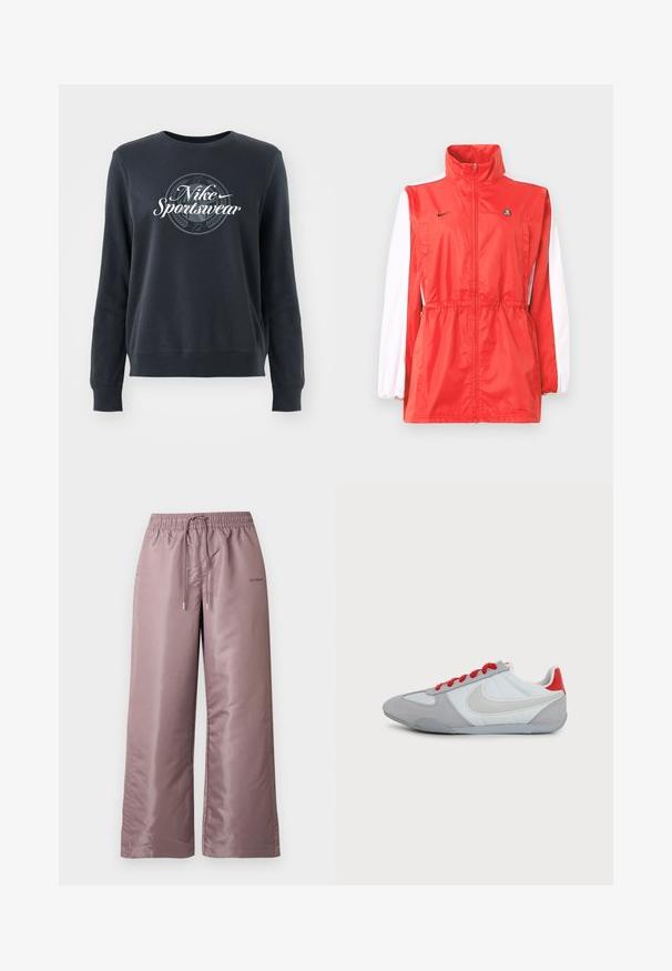 Rød vindtæt jakke med høj krave, hvide ærmeaccents, snøre i taljen og et lille sort logo. Fremstillet af letvægtsstof.; Mørkeblå sweatshirt lavet af blødt stof, med rund hals, lange ærmer og et grafisk "Nike Sportswear" logo foran.; Lyserøde bukser med vide ben lavet af glat nylon. Har elastisk talje med snøre og branding på siden.; Lavprofileret grå og hvid Nike-sneaker med stort hvidt swoosh-logo, rød hælflap og røde snørebånd på en ensfarvet baggrund.