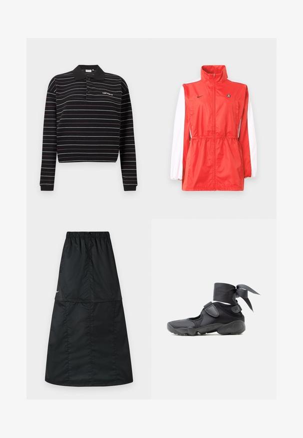 Veste coupe-vent rouge avec un col montant, des accents blancs sur les manches, une taille à cordon de serrage et un petit logo noir. Fabriquée en tissu léger.; Polo à manches longues noir avec de fines rayures horizontales blanches et violettes, deux boutons, et un petit logo blanc sur le côté gauche de la poitrine.; Jupe de sport noire en tissu nylon léger et lisse. Elle possède une taille élastique et une coupe simple, longue, en ligne A.; Chaussure de sport noire avec des découpes, des brides en velcro et un lacet autour de la cheville noué en un nœud, vue de côté sur un fond blanc.