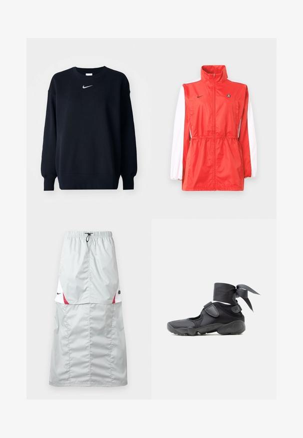 Chaqueta cortavientos roja con cuello alto, detalles blancos en las mangas, cintura con cordón regulable y un pequeño logo negro. Fabricada con tela ligera.; Sudadera negra hecha de una mezcla de algodón; cuello redondo ribeteado, mangas largas y puños elásticos; presenta un pequeño logo plateado de Nike en el pecho.; Falda deportiva larga de color gris claro, hecha de un material brillante y liso; cuenta con detalles en rojo y blanco, cintura elástica y el logo de Nike en el costado.; Zapatilla deportiva negra con aberturas, correas de velcro y envoltura en el tobillo atada en un lazo, vista lateral sobre un fondo blanco.