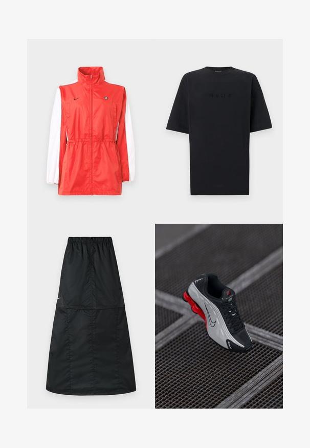Rote Windbreaker-Jacke mit hohem Kragen, weißen Ärmeldetails, Tunnelzug in der Taille und kleinem schwarzem Logo. Hergestellt aus leichtem Gewebe.; Schwarzes T-Shirt mit kurzen Ärmeln und Rundhalsausschnitt, auf der Brust mittig erhabene schwarze "NIKE"-Schrift auf einfarbigem Hintergrund.; Schwarzer sportlicher Rock aus leichtem, glattem Nylonstoff. Verfügt über einen elastischen Bund und ein schlichtes, langes, A-förmiges Design.; Schwarzer und grauer Sportschuh mit roter gepolsterter Sohle, schwarzen Schnürsenkeln und Swoosh-Logo, das auf einer Metallgitteroberfläche ruht.