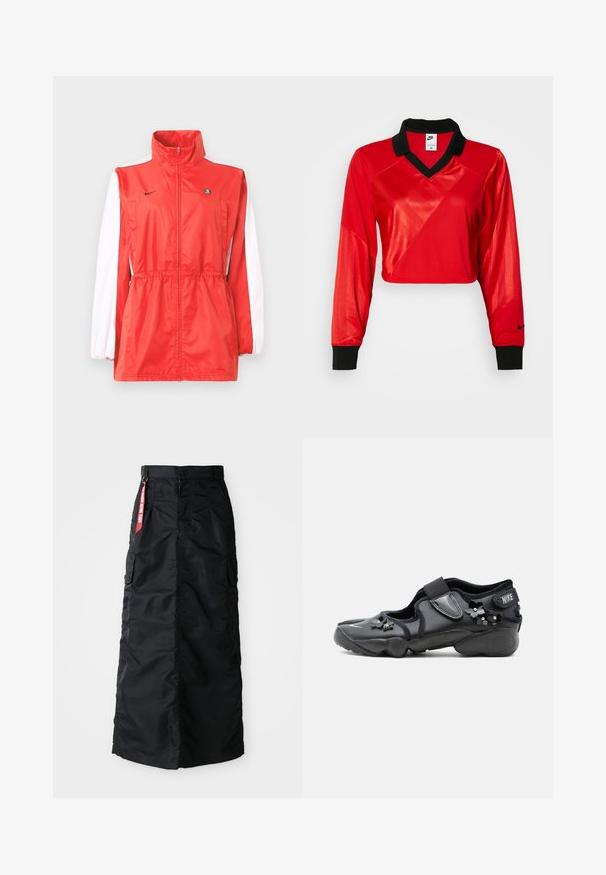 Rød vindtæt jakke med høj krave, hvide ærmeaccents, snøre i taljen og et lille sort logo. Fremstillet af letvægtsstof.; Rød crop sports top med sort krave, lange ærmer, der har et struktureret mønster og Nike-logo på ærmet. Glat og skinnende stof.; Sort lang nederdel med frontknap og lynlås, sidelommer, og et rødt "Remove Before Flight" stofmærke på taljen.; Sort Nike Air sko med velcrorem, dekoreret med små sorte blomsterudsmykninger på siden og foran.