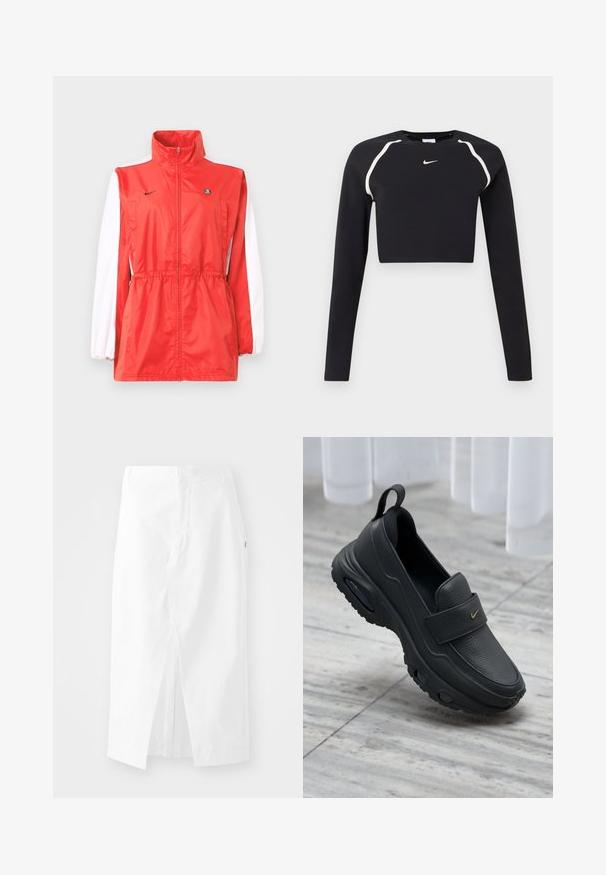 Rode windjack met hoge kraag, witte accenten op de mouwen, taillekoord en een klein zwart logo. Gemaakt van lichtgewicht stof.; Zwarte lange mouwen cropped sporttop met witte gebogen schouderstrepen en klein wit Nike swoosh-logo in het midden van de borst.; Witte katoenen midi-jurk met een rechte snit, zijsplit en verborgen rits. Effen structuur, minimalistisch ontwerp zonder zichtbare versieringen.; Zwarte lederen instapschoen met een platte zool, een gestructureerde afwerking, een gevoerde bovenzijde en een gouden logo-accent. Ontworpen voor comfort en gemakkelijke draagbaarheid.