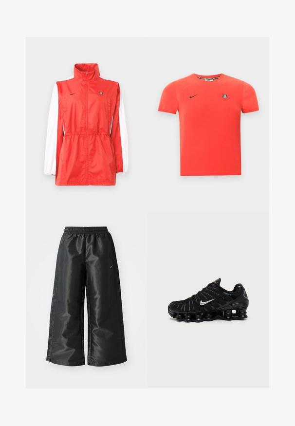 Rote Windbreaker-Jacke mit hohem Kragen, weißen Ärmeldetails, Tunnelzug in der Taille und kleinem schwarzem Logo. Hergestellt aus leichtem Gewebe.; Rotes Baumwoll-T-Shirt mit kurzen Ärmeln, versehen mit einem schwarzen Nike-Logo und einem kleinen Markenpatch auf der Brust. Schlichter Rundhalsausschnitt.; Schwarze Sporthose aus glänzendem, glattem Stoff, mit einem elastischen Bund, weitem Bein und einem kleinen Logo auf der linken Seite.; Schwarzer Nike Sportschuh mit silbernem Swoosh-Logo, Mesh- und synthetischem Obermaterial und einer markanten segmentierten gepolsterten Sohle.
