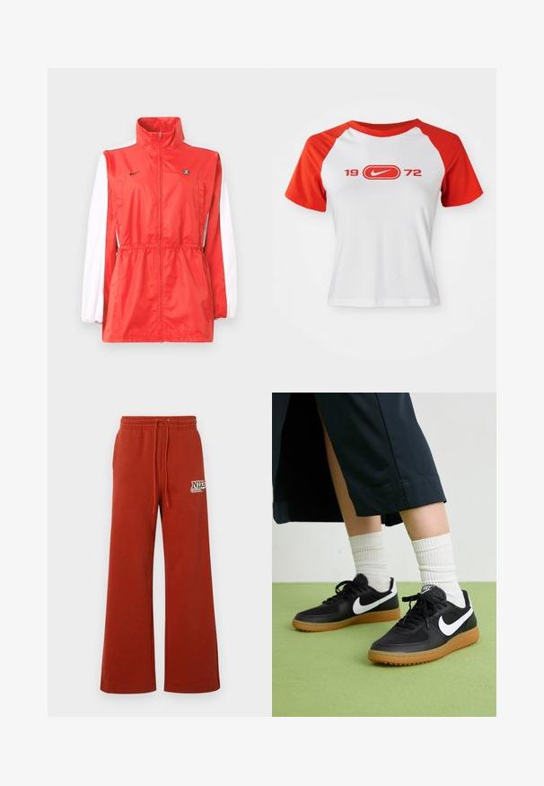 Rode windjack met hoge kraag, witte accenten op de mouwen, taillekoord en een klein zwart logo. Gemaakt van lichtgewicht stof.; Nike T-shirt met een witte body en rode raglanmouwen. Heeft "1972" en een logo in het rood over de borst. Gemaakt van glad jersey-stof.; Rode wijde joggingbroek met elastische tailleband en trekkoord. Voorzien van een gedrukt Nike-logo aan de linkerkant. Zachte textuur, casual ontwerp.; Zwarte leren en synthetische sneakers met witte Nike swoosh, rubberen gumzool, ronde neus en zwarte veters. Geribbelde witte sokken zichtbaar.