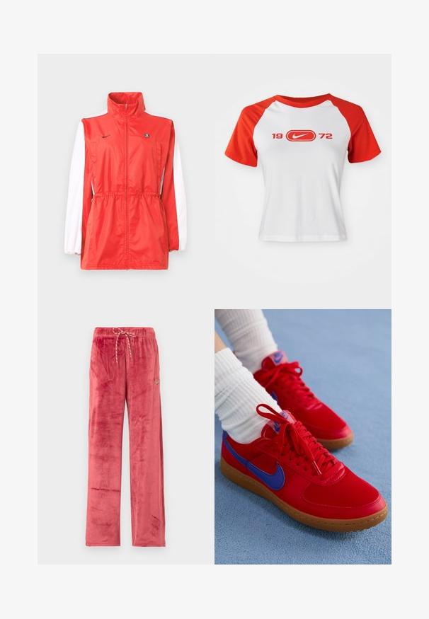 Rød vindtæt jakke med høj krave, hvide ærmeaccents, snøre i taljen og et lille sort logo. Fremstillet af letvægtsstof.; Nike T-shirt med hvid krop og røde raglanærmer. Har "1972" og et logo i rød på tværs af brystet. Fremstillet af glat jersey-stof.; Røde velourbukser med vide ben og snøre i taljen samt lille Nike Swoosh-logo på venstre lår, vist mod en ensfarvet baggrund.; Røde sportsko lavet af syntetisk materiale med blå accenter og en gummisål. Har snørebånd og et logo på tungen.