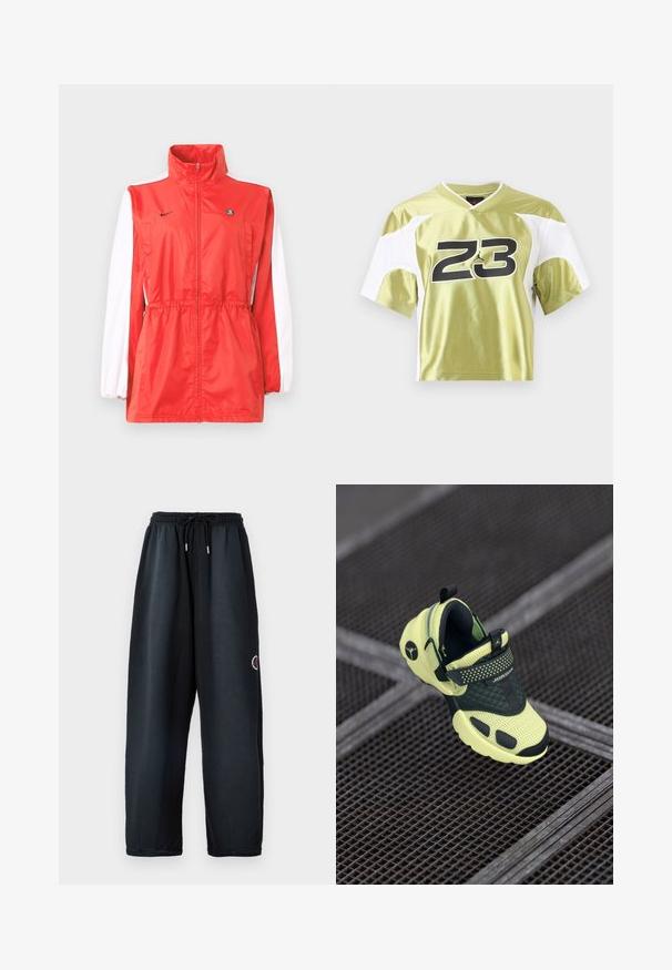 Rode windjack met hoge kraag, witte accenten op de mouwen, taillekoord en een klein zwart logo. Gemaakt van lichtgewicht stof.; Sportshirt met korte mouwen in lichtgroen en wit met zwart nummer 23 en klein silhouetlogo op de borst.; Zwarte sweatpants met een elastische tailleband en trekkoord. Voorzien van zijzakken en een logo in het rood en wit op het linkerpijpen. Zacht materiaal.; Neongele en zwarte Jordan sneaker met een mesh textuur, gestikte middensectie en strap, geplaatst op metalen roostervloer.