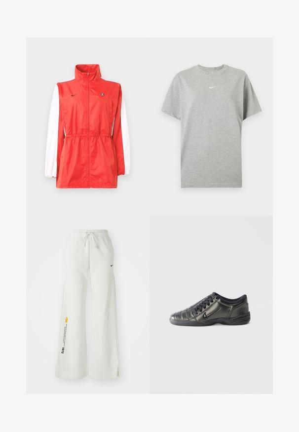 Veste coupe-vent rouge avec un col montant, des accents blancs sur les manches, une taille à cordon de serrage et un petit logo noir. Fabriquée en tissu léger.; T-shirt gris en coton à manches courtes avec col rond et petit logo Nike swoosh blanc centré sur la poitrine.; Pantalons de survêtement blancs à jambes larges avec une taille élastique, un cordon de serrage, des fentes latérales, un logo Nike noir et du texte graphique jaune contrastant.; Baskets Nike basses noires avec des lacets, des détails cousus et une semelle texturée sur un fond blanc uni.