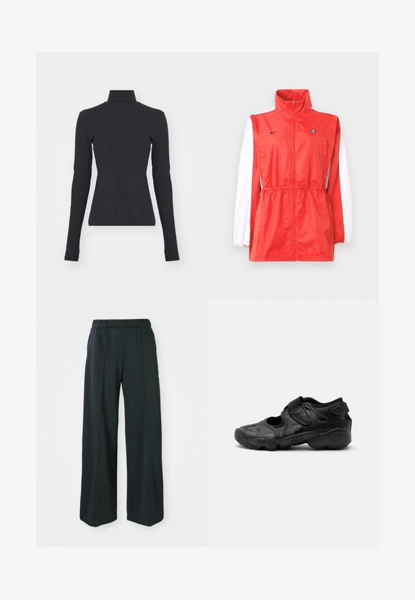 Rød vindtæt jakke med høj krave, hvide ærmeaccents, snøre i taljen og et lille sort logo. Fremstillet af letvægtsstof.; Sort ribbet turtle neck bluse med lange ærmer, tætsiddende pasform, glat tekstur og subtil stræk, designet til komfort og lagdeling.; Sorte, brede atletiske bukser med elastisk talje. Lavet af glat, strækbart stof, med diskrete frontsyninger og ingen lommer.; Sort atletisk sandal med lukket tå, velcro stropper ved mellemfoden og hælen samt tyk polstret sål markeret med "AIR" på siden.