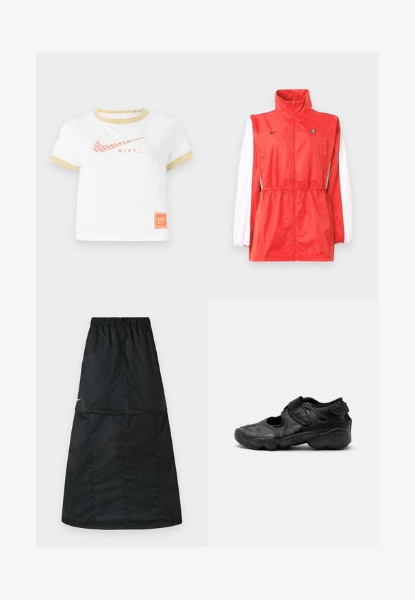 Rode windjack met hoge kraag, witte accenten op de mouwen, taillekoord en een klein zwart logo. Gemaakt van lichtgewicht stof.; Witte T-shirt met gouden rand, met een rood geruit Nike swoosh-logo, de tekst "NIKE AIR" en een klein oranje Nike-label aan de zoom.; Zwarte sportieve rok van lichtgewicht, glad nylonstof. Voorzien van een elastische tailleband en een eenvoudig, lang A-lijnmodel.; Zwarte sportieve sandaal met gesloten neus, klittenbandriemen op de middenvoet en hiel, en een dikke gewatteerde zool met de tekst "AIR" aan de zijkant.