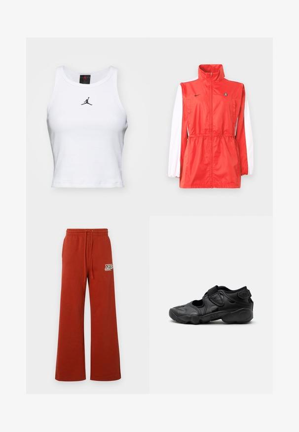 Rote Windbreaker-Jacke mit hohem Kragen, weißen Ärmeldetails, Tunnelzug in der Taille und kleinem schwarzem Logo. Hergestellt aus leichtem Gewebe.; Weißes Crop-Top aus Baumwolle mit geripptem Struktur. Verfügt über ein schwarzes Jordan-Logo in der Mitte und einen klassischen Rundhalsausschnitt.; Rote Sweatpants mit weitem Bein, elastischem Bund und Kordelzug. Mit einem gedruckten Nike-Logo auf der linken Seite. Weiche Textur, lässiges Design.; Schwarze sportliche Sandale mit geschlossenem Zehenbereich, Klettverschlüssen am Mittelfuß und an der Ferse sowie einer dicken gepolsterten Sohle mit der Aufschrift „AIR“ an der Seite.