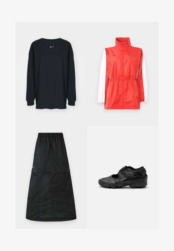 Chaqueta cortavientos roja con cuello alto, detalles blancos en las mangas, cintura con cordón regulable y un pequeño logo negro. Fabricada con tela ligera.; Camiseta negra de manga larga hecha de algodón con cuello redondo. Presenta un logo blanco de Nike en el pecho. Textura suave, diseño sencillo.; Falda deportiva negra hecha de tela de nylon ligera y suave. Presenta una cintura elástica y un diseño simple, largo y en línea A.; Sandalia deportiva negra con puntera cerrada, correas de velcro en la parte media del pie y el talón, y suela gruesa acolchada con la marca "AIR" en el lateral.