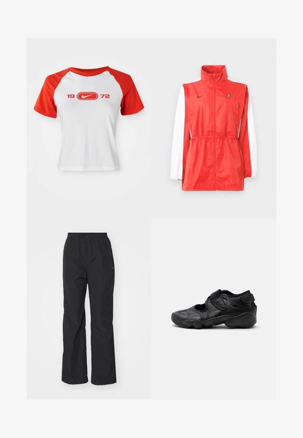 Veste coupe-vent rouge avec un col montant, des accents blancs sur les manches, une taille à cordon de serrage et un petit logo noir. Fabriquée en tissu léger.; T-shirt Nike avec un corps blanc et des manches raglan rouges. Présente "1972" et un logo en rouge sur la poitrine. Fabriqué en tissu jersey lisse.; Pantalons noirs légers avec une taille élastique et un cordon de serrage. Présentent une finition texturée et un petit logo réfléchissant sur le côté.; Sandale de sport noire avec bout fermé, brides Velcro au médio-pied et au talon, et semelle épaisse et rembourrée marquée "AIR" sur le côté.